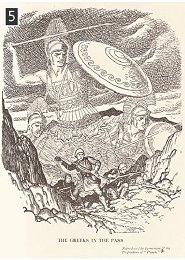 Βρετανικό σκίτσο που παρομοιάζει τον αγώνα των Ελλήνων στο μέτωπο της Αλβανίας με την αντίσταση των προγόνων τους στις Θερμοπύλες