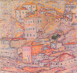 Σπύρος Παπαλουκάς (1892-1957). Σπίτια στου Κυπριάδη, 1938. Λάδι σε μουσαμά (65εκ. Χ 80εκ.).