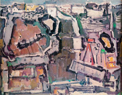 Γιάννης Σπυρόπουλος (1912- ). Ξερολιθιές Μυκόνου. Λάδι σε χάρντμπορντ (70εκ. Χ 90εκ.).