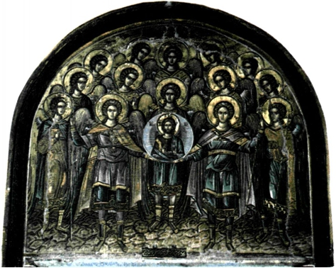 Η Σύναξη των Ασωμάτων <br> Τοιχογραφία στη μονή Δοχειαρίου, Άγιο Όρος, 16ος αι.