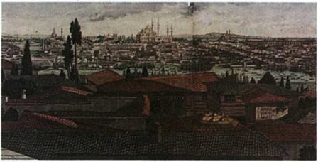 Πανόραμα Κωνσταντινούπολης από το Πέραν, χαλκογραφία (18ος αι.) Μουσείο Μπενάκη