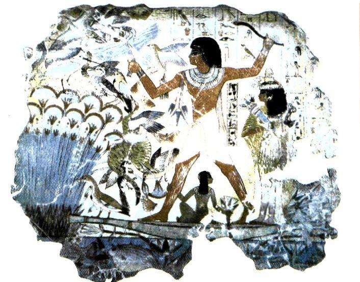 Τοιχογραφία από ταφικό ναό της Θήβας. Ο κάτοχος του τάφου απεικονίζεται να κυνηγάει στα έλη, συνοδευόμενος από τη σύζυγο του και την κόρη του. Στο κυνήγι συμμετέχει και η γάτα του, η οποία επιτίθεται στα πουλιά. (Λονδίνο, Βρετανικό Μουσείο)
