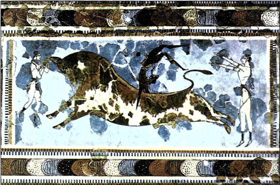 Τοιχογραφία από το ανάκτορο της Κνωσού. Απεικονίζει σκηνή από ένα επικίνδυνο αγώνισμα, συνδεδεμένο πιθανότατα με ιερές τελετουργίες, τα ταυροκαθάψια* (1450 π.Χ.).(Ηράκλειο Κρήτης, Αρχαιολογικό Μουσείο)