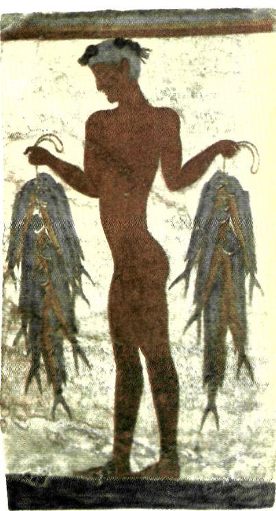 Τοιχογραφία του «ψαρά» από οικία τον Ακρωτηρίου Θήρας. Έργο της ύστερης εποχής του χαλκού. (Αθήνα, Εθνικό Αρχαιολογικό Μουσείο)