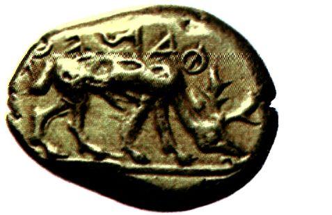 Νόμισμα της Εφέσου από ήλεκτρο* με παράσταση ελαφιού (600 π.Χ.). (Αθήνα, Νομισματικό Μουσείο)