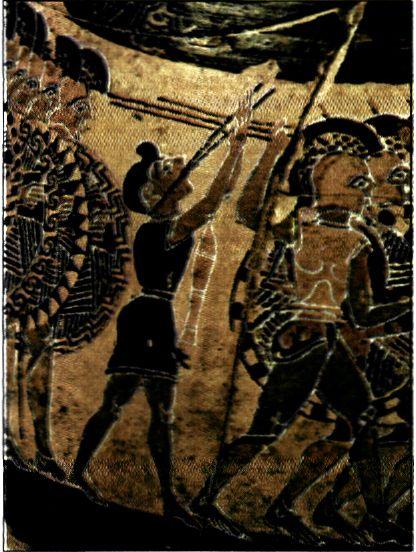 Λεπτομέρεια από την παράσταση που διακοσμούσε αγγείο τον β' μισού τον 7ου αι. π.Χ. Απεικονίζει σκηνή της νέας πολεμικής τακτικής που καθιέρωσε η οπλιτική φάλαγγα. (Ρώμη, Μουσείο Βίλλα Τζούλια)
