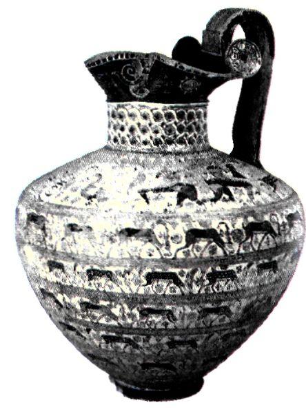 Οινοχόη ροδιακού εργαστηρίου (αρχές του 6ου αι. π.Χ.). Η Ρόδος ήταν ένα άλλο σημαντικό κέντρο παραγωγής αγγείων της ανατολίζουσας* περιόδου. (Παρίσι, Μουσείο Λούβρου)