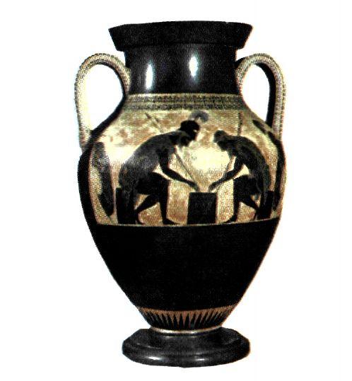 Αμφορέας διακοσμημένος από τον Εξηκία, Αθηναίο αγγειογράφο. Οι μορφές ζωγραφίζονται με μαύρο χρώμα πάνω στον πηλό (β'μισό 6ου αι. π.Χ.). (Βατικανό, Γρηγοριανό - Ετρουσκικό Μουσείο)