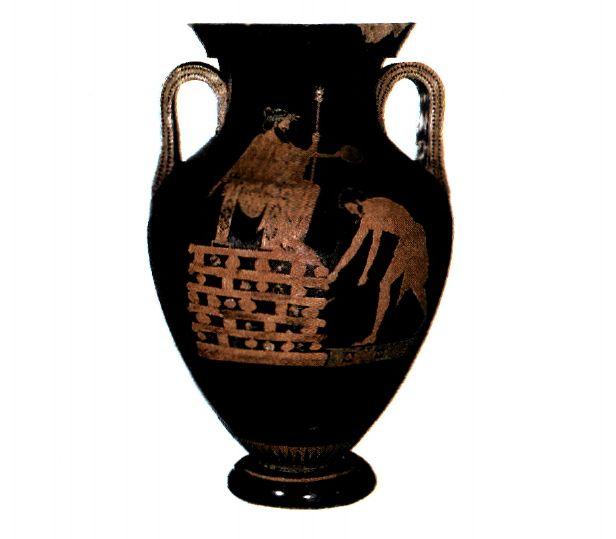 Αττικός αμφορέας ερυθρόμορφου ρυθμού. Η παράσταση του Κροίσου στην πυρά έχει αποδοθεί με το χρώμα του πηλού, αφού όλη η επιφάνεια του αγγείου έχει καλυφθεί με μαύρο στιλπνό βερνίκι (αρχές του 5ου αι. π.Χ.).(Παρίσι, Μουσείο Λούβρου)