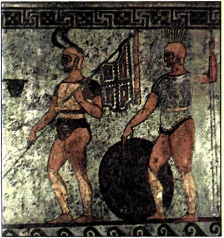 Τοιχογραφία με παράσταση δύο πεζών πολεμιστών από τάφο της Ποσειδωνίας (αρχές τον 3ον αι. π.Χ.). Από τον οπλισμό τους φαίνεται ότι πρόκειται για Σαμνίτες, μία από τις ιταλικές φυλές της Κάτω Ιταλίας. (Ποσειδώνια, Μουσείο Paestum)