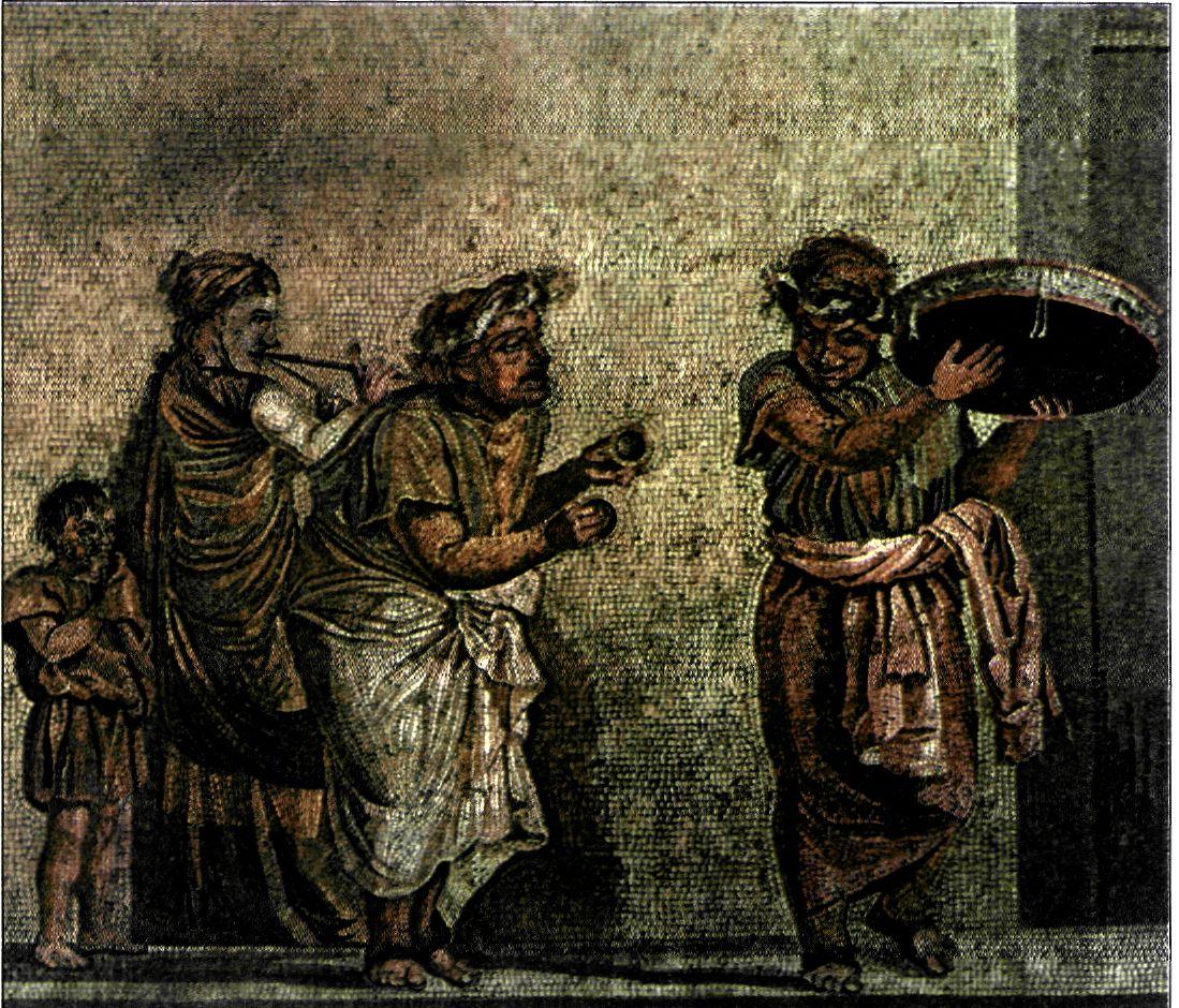 Ψηφιδωτό από την Πομπηία (1ος αι. π.Χ.). Είναι έργο Έλληνα καλλιτέχνη και παρουσιάζει σκηνή από κωμωδία. Απηχεί τις επιλογές και τις αντιλήψεις της «νεόπλουτης» ρωμαϊκής κοινωνίας της εποχής των μεγάλων κατακτήσεων. (Νεάπολη, Εθνικό Αρχαιολογικό Μουσείο)