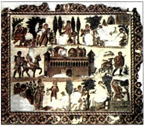 Ψηφιδωτή παράσταση από τη Β. Αφρική. Εικονίζεται αγρόκτημα και σκηνές που εκτυλίσσονται μέσα α' αυτό (β' μισό του 4ου αι. μ.Χ.). Τα μεγάλα αγροκτήματα - latifiindia - άρχισαν να δημιουργούνται στην Ιταλική χερσόνησο από το 2ο αι. π.Χ. (Πόλη της Τύνιδας, Εθνικό Μουσείο Bardo)