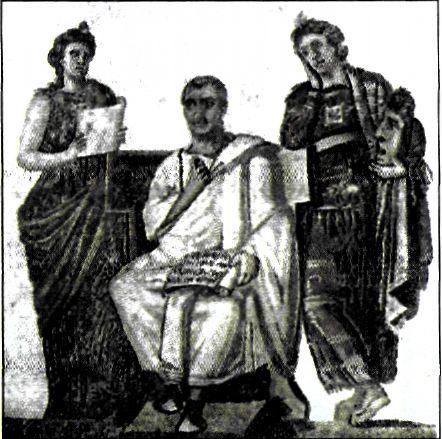 Ψηφιδωτό από τη Β. Αφρική (4ος αι. μ.Χ.). Παρουσιάζει το Βιργίλιο να κάθεται ανάμεσα σε δυο Μούσες. Ο Βιργιλιος, ο μεγαλύτερος Ρωμαίος ποιητής, με το έργο του υπηρέτησε τον αυτοκρατορικό θεσμό. (Πόλη της Τύνιδας, Μουσείο Bardo)