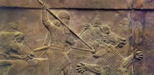 Ανάγλυφο από τη Νινευί. Σκηνή κυνηγιού: 0 έφιππος βασιλιάς σκοτώνει ένα λιοντάρι. Χαρακτηριστικό δείγμα ασσυριακής τέχνης.