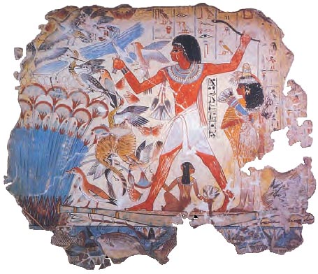 Τοιχογραφία από ταφικό ναό της Θήβας. Ο κάτοχος του τάφου απεικονίζεται να κυνηγάει στα έλη, συνοδευόμενος από τη σύζυγο του και την κόρη του. Στο κυνήγι συμμετέχει και η γάτα του, η οποία επιτίθεται στα πουλιά. (Λονδίνο, Βρετανικό Μουσείο)