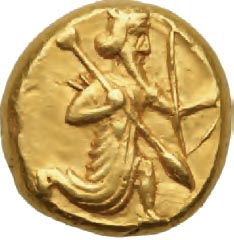Περσικό νόμισμα, ο δαρεικός, που φέρει στη μια πλευρά την εικόνα Πέρση τοξότη. (Παρίσι, Εθνική Βιβλιοθήκη)