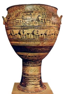 Μεγάλος κρατήρας (ύψ. 1,23 μ.) που τον τοποθετούσαν ως «σήμα» πάνω στον τάφο. Εχει ως θέματα διακόσμησης την «πρόθεση» και την «εκφορά» του νεκρού, τα οποία αποδίδονται με τη γεωμετρική τεχνοτροπία. (Αθήνα, Εθνικό Αρχαιολογικό Μουσείο)