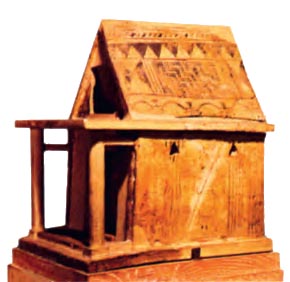 Πήλινο ομοίωμα ναού αφιέρωμα στο Ηραίο του Άργους (8ος αι. π.Χ.). Μας διευκολύνει να σχηματίσουμε μια ασφαλή εικόνα για τις αρχαιότερες ναϊκές κατασκευές του ελληνικού χώρου. (Αθήνα, Εθνικό Αρχαιολογικό Μουσείο)