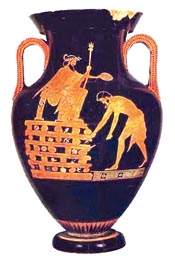 Αττικός αμφορέας ερυθρόμορφου ρυθμού. Η παράσταση του Κροίσου στην πυρά έχει αποδοθεί με το χρώμα του πηλού, αφού όλη η επιφάνεια του αγγείου έχει καλυφθεί με μαύρο στιλπνό βερνίκι (αρχές του 5ου αι. π.Χ.).(Παρίσι, Μουσείο Λούβρου)