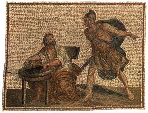 Αντίγραφο ρωμαϊκού ψηφιδωτού του 3ου αι. μ.Χ. Παρουσιάζει τον Αρχιμήδη πάνω από τις μελέτες του και τον Ρωμαίο στρατιώτη που είναι έτοιμος να τον σκοτώσει. Είναι γνωστό ότι πριν δεχτεί το χτύπημα πρόλαβε να πει τη φράση: «μή μου τούς κύκλους τάραττε». (Φραγκφούρτη, Δημοτικό Ινστιτούτο Τέχνης)