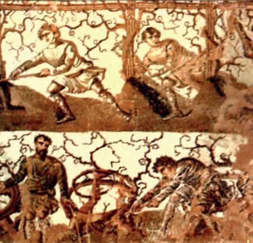 Ψηφιδωτή παράσταση από την Καισάρεια της Αφρικής. Εικονίζονται γεωργοί που περιποιούνται κλήματα (περ. μέσα 3ου αι. μ.Χ.). Την περίοδο των ρωμαϊκών κατακτήσεων διαδόθηκε η καλλιέργεια του αμπελιού σε πολλούς λαούς γύρω από τη Μεσόγειο. Οι ρωμαϊκές κατακτήσεις είχαν και θετικά αποτελέσματα για τους κατακτημένους λαούς.  (Cherchell, Αρχαιολογικό Μουσείο) 