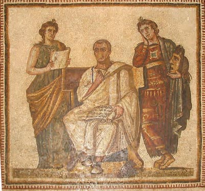 Ψηφιδωτό από τη Β. Αφρική (4ος αι. μ.Χ.). Παρουσιάζει το Βιργίλιο να κάθεται ανάμεσα σε δυο Μούσες. Ο Βιργιλιος, ο μεγαλύτερος Ρωμαίος ποιητής, με το έργο του υπηρέτησε τον αυτοκρατορικό θεσμό. (Πόλη της Τύνιδας, Μουσείο Bardo)