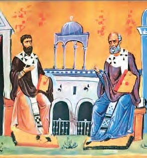 Μικρογραφία χειρογράφου (11ος αι.). Εικονίζονται δύο από τους μεγάλους Πατέρες της Εκκλησίας, εξαίρετοι φιλόσοφοι της εποχής τους, ο Γρηγόριος Νύσσης και ο Γρηγόριος Ναζιανζηνός.  (Άγιο Όρος, Μονή Διονυσίου)