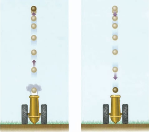 Εικόνα 2.1.15 H αρχική EΚ του βλήματος μετατρέπεται σταδιακά σε EΔ μέχρις ότου μηδενιστεί στο μέγιστο ύψος. Αντίστροφα, η ΕΔ μετατρέπεται σε EΚ κατά την πτώση. To σύνολο ΕΚ + ΕΔ μένει σταθερό.