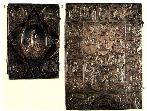 1. Χρυσοσκάλιστο ενεπίγραφο Ευαγγέλιο, 1785. 2. Ευαγγέλιο του 1889, μονή Ταξιαρχών Αχαΐας.