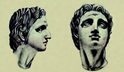 Σχεδιαστική απόδοση της κεφαλής του Αλεξάνδρου (πλάγια και εμπρόσθια όψη) με συμπλήρωση της κόμης