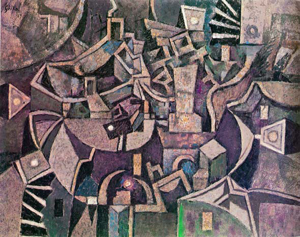 Νίκος Χατζηκυριάκος - Γκίκας (1906-1994). Νυχτερινό: σπίτια, 1967. Λάδι σε μουσαμά (48εκ. Χ 62εκ.).