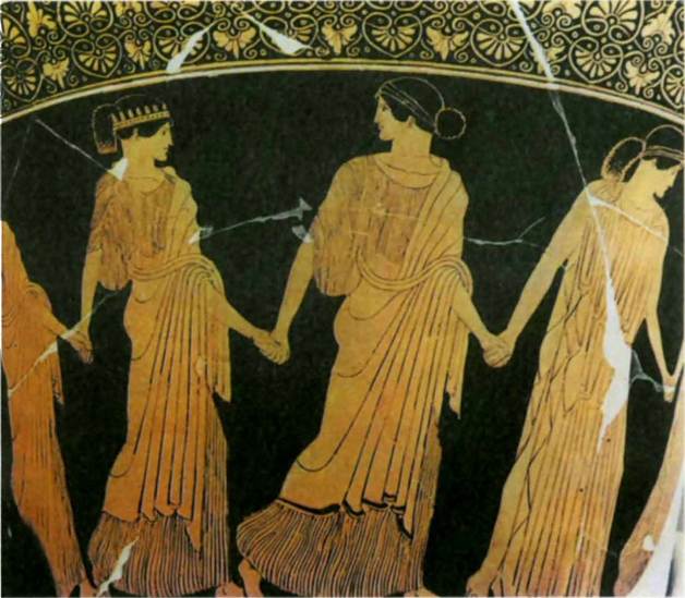 Νέες χορεύουν κυκλικά τραγουδώντας ένα «παρθένειο». Αγγείο του 5ου αιώνα.