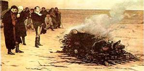 Ο Σέλλεϋ στη νεκρική πυρά στο Βιαρέτζιο της Ιταλίας. 
Τρίτος από αριστερά ο λόρδος Μπάυρον