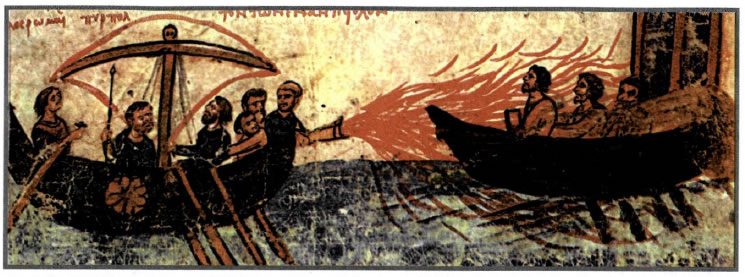 Το υγρόν πυρ. Μικρογραφία από το χειρόγραφο (12ος αι.) της Χρονογραφίας τον Ιωάννη Σκυλίτζη (Μαδρίτη, Εθν. Βιβλιοθήκη).