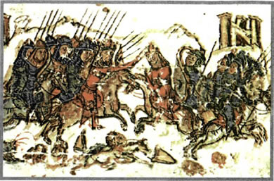 Μικρογραφία από το σλαβονικό χειρόγραφο της Χρονογραφίας του Κωνσταντίνου Μανασσή (14ος αι.) (Ρώμη. Βιβλιοθήκη του Βατικανού).