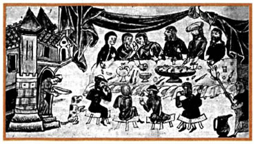 Δείπνο πλουσίων. Μικρογραφία χειρογράφου του 14ου αι. (Παρίσι, Εθνική Βιβλιοθήκη).