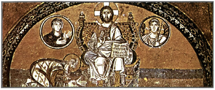 Ο Λέων Στ ' γονυπετής παραλαμβάνει τη Θεία Σοφία από τον ένθρονο Χριστό. Ψηφιδωτό από το νάρθηκα της Αγίας Σοφίας στην Κωνσταντινούπολη (τέλη 9ου αιώνα).