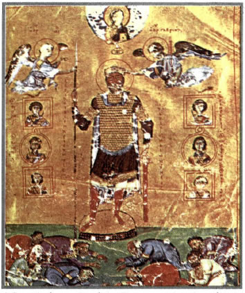 Οι αντίπαλοι του Βασιλείου Β' προσκυνούν το θριαμβευτή αυτοκράτορα που δέχεται τα σύμβολα της εξουσίας του από τους αγγέλους. Μικρογραφία από χειρόγραφο ψαλτήρι των αρχών τον 11ου αιώνα (Βενετία, Μαρκιανή Βιβλιοθήκη).