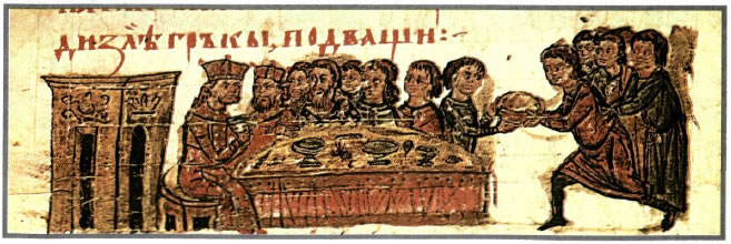 Ο ανήλικος Κωνσταντίνος Ζ' Πορφυρογέννητος, η μητέρα του Ζωή, ο πατριάρχης Νικόλαος Μυστικός και άλλοι ανώτατοι βυζαντινοί αξιωματούχοι γευματίζουν και συνομιλούν με τον Συμεών. Μικρογραφία από το σλαβονικό χειρόγραφο της Χρονογραφίας του Κωνσταντίνου Μανασσή (Ρώμη, Βιβλιοθήκη του Βατικανού).