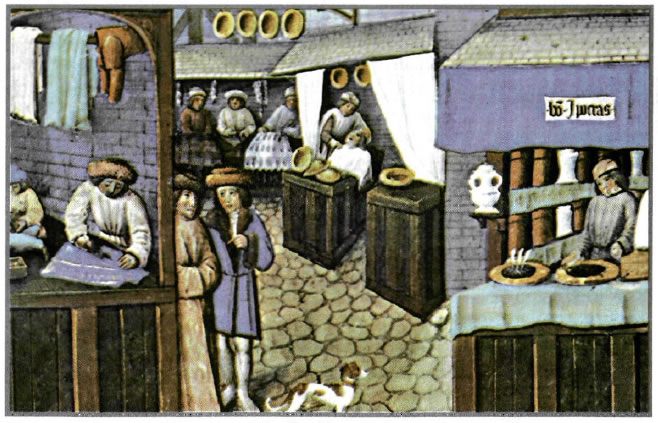 Εμπορικός δρόμος μεσαιωνικής πόλης. Μικρογραφία σε χειρόγραφο του 15ου αι.