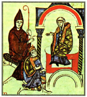 Ο Ερρίκος ο Δ' παρακαλεί την κόμησσα Ματθίλδη και τον ηγούμενο του Cluny να μεσολαβήσουν στον πάπα. Μικρογραφία από το "Βίο της Ματθίλδης" (περί το 1164).