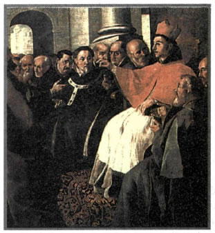Η σύνοδος της Λυών (1274). Ο Καρδινάλιος Μποναβεντούρα, που υποστήριζε την αναγκαιότητα της ένωσης των δύο εκκλησιών, υποδέχεται τους απεσταλμένους του Βυζαντίου και συνομιλεί μαζί τους (ελαιογραφία, Παρίσι, Λούβρο).