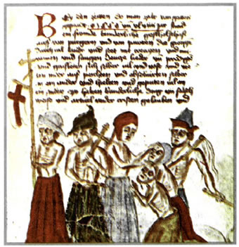 Πορεία αυτομαστιγούμενων κατά το έτος 1348. Μικρογραφία από χειρόγραφο του 14ου αι. Σύμφωνα με το κείμενο οι προσκυνητές περιφέρονταν με σταυρούς και σημαίες στα χέρια, προσπαθώντας να εξορκίσουν την πανούκλα.