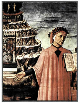 Ντομένιχο ντι Μιχελίνο (1417-1491). Ο Δάντης και η Ουράνια Πόλη, τοιχογραφία στον καθεδρικό ναό της Φλωρεντίας. Απεικονίζεται ο ποιητής με φόντο τα οράματα από το Υπερπέραν που περιγράφονται στη Θεία Κωμωδία.