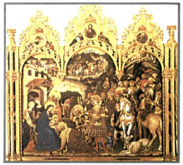Τζεντίλε ντα Φαμπιάνο (1370-1427), Η προσκύνηση των Μάγων, 1423, Φλωρεντία, Πινακοθήκη Ουφίτσι. Χαρακτηριστικό έργο τον διεθνούς γοτθικού ρυθμού, που κυριαρχούσε στην Ευρώπη ως το 1450 περίπου. Ο πίνακας αποδεικνύει τη μεγάλη αλλαγή στην απόδοση των θρησκευτικών θεμάτων. Το θέμα της Γέννησης περιορίζεται σε σπουδαιότητα και τονίζεται το κοσμικό στοιχείο με την απεικόνιση της κοινωνίας των αριστοκρατών και των αστών.