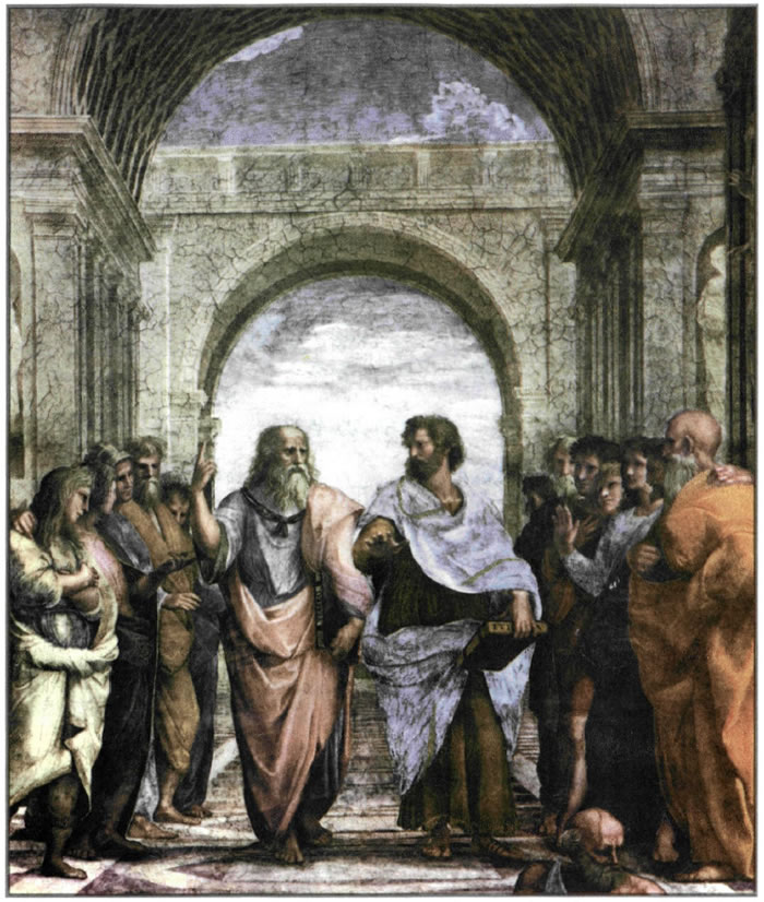 Η Σχολή των Αθηνών (απόσπασμα,λεπτομέρεια). Στο κέντρο ο Πλάτων και ο Αριστοτέλης πλαισιωμένοι από ένα πλήθος φιλοσόφων και επιστημόνων της Αρχαιότητας: ο Ζήνων, ο Επίκουρος, ο Πυθαγόρας, ο Αναξαγόρας, ο Ηράκλειτος, ο Σωκράτης, ο Πτολεμαίος και ο Διογένης. Τοιχογραφία του Ραφαήλ, μεταξύ 1509 και 1511, που κοσμεί την αίθουσα των υπογραφών στο Βατικανό.