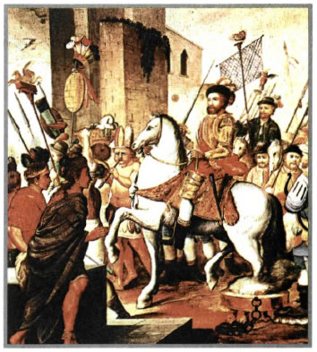 Ο Κορτές (Fernando Cortez, 1485-1547 ), ένας από τους Ισπανούς κατακτητές (conqistadores), εισέρχεται θριαμβευτικά στην πρωτεύουσα των Αζτέκων Τλαξκάλα (Μεξικό). Έργο του Alvarez Solis. Μαδρίτη, Μουσείο της Αμερικής.