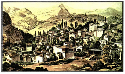 Η Πορταριά, ένα από τα χωριά του Πηλίου, φημισμένη για την κατασκευή υφασμάτων και για τον καλαίσθητο οικισμό της. Αθήνα, Γεννάδειος Βιβλιοθήκη.