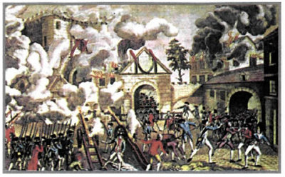 Η Άλωση της Βαστίλλης, 14 Ιουλίου 1789. Η Βαστίλλη ήταν φρούριο του 14ου αιώνα στην ανατολική πλευρά του Παρισιού. Το 18ο αιώνα χρησιμοποιούνταν ως φυλακή πολιτικών κρατουμένων, αντιπάλων του Παλαιού Καθεστώτος. Έτσι, το φρούριο αυτό έγινε σύμβολο του απολυταρχισμού. Έργο του Ντυμπουά, 18ος αι., Παρίσι, Μουσείο Καρναβαλέ.