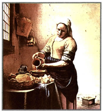 Γιαν Βερμέερ, Η μαγείρισσα, περ. 1660, ελαιογραφία σε μουσαμά, Άμστερνταμ, Βασιλικό Μουσείο. "Δεν είναι εύκολο να προσπαθήσει να εξηγήσει κανείς γιατί ένα τόσο λιτό και ανεπιτήδευτο έργο είναι ένα από τα αριστουργήματα όλων των εποχών. Λίγοι όμως απ' όσους έχουν δει το πρωτότυπο θα διαφωνήσουν πως πρόκειται για κάτι σαν θαύμα. Ένα από τα θαυμαστά χαρακτηριστικά τον μπορεί κανείς να το περιγράψει, όχι όμως και να το εξηγήσει. Είναι ο τρόπος με τον οποίο ο Βερμέερ πετυχαίνει μια τέλεια, επίπονη ακρίβεια στην απόδοση της υφής, του χρώματος και της φόρμας, χωρίς το έργο να μοιάζει ποτέ βεβιασμένο ή τραχύ". Ε. Η. Γκόμπριτς, Ιστορία της Τέχνης, σ. 340.